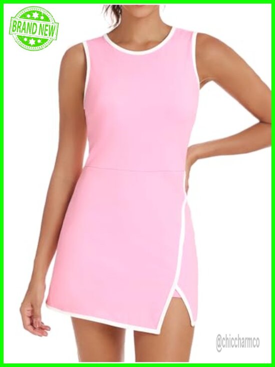 Dresses & Skirts - Tennis Dress with Built-in Shorts and Bra Crew Neck Sleeveless Athletic Side